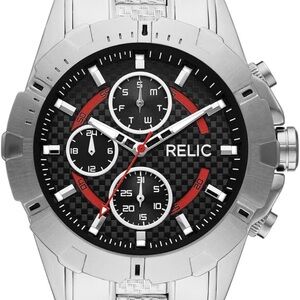 Relic Silver Chronograph Watch with Red Accents